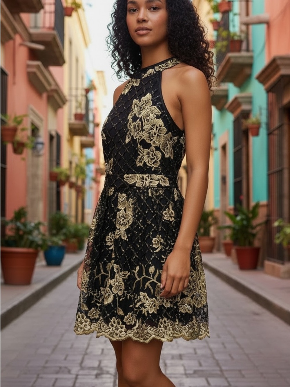 Honey and Rosie Black Dress with Gold Floral Lace